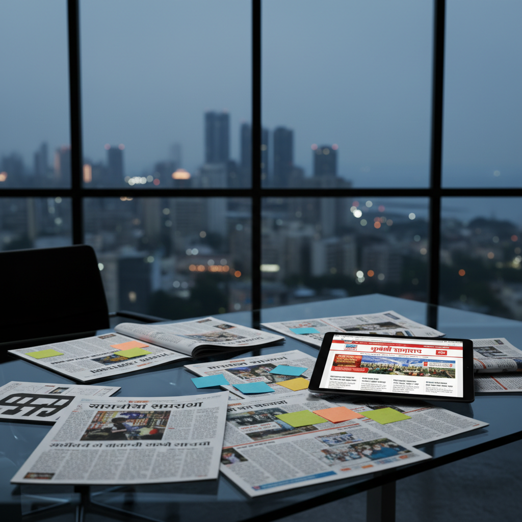 A sleek, glass-topped editorial desk in a professional news office, covered with neatly arranged printed pages of Marathi headlines, color-coded sticky markers, and a digital tablet displaying a Marathi news homepage. Behind the desk, a large window reveals the faint outline of Mumbai’s skyline at dusk, softly out of focus. Cool, balanced studio-style lighting highlights the crisp paper textures and the reflective surface of the glass, casting controlled shadows. Captured from a slightly elevated, three-quarter angle, with the desk in sharp focus and the background gently blurred. The atmosphere is serious and organized, conveying a trustworthy Marathi news portal in clean, photographic realism with a modern, minimal aesthetic.