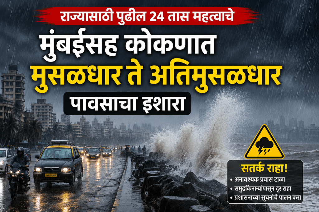 राज्यासाठी पुढील 24 तास निर्णायक; मुंबईसह कोकणात मुसळधार ते अतिमुसळधार पावसाचा इशारा